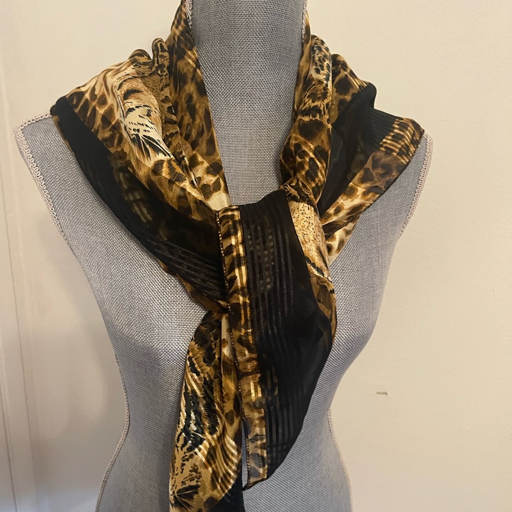 Leopard Print Satin Scarf - Black & Gold - Picture 5 of 8